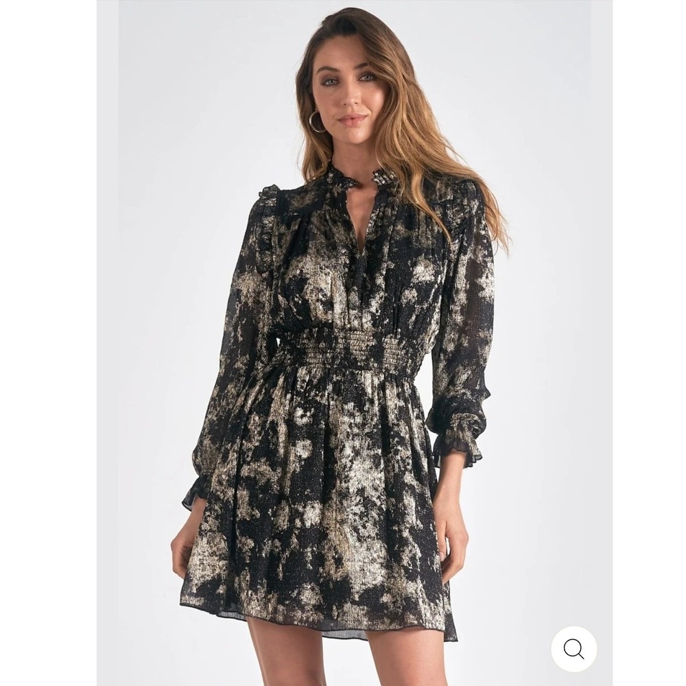 Elan Black Gold Metallic Plisse Ruffle Mini Dress Smocked Waist Long Sleeve S